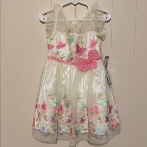 Girls Cream Floral & Butterfly Embroidered Party Dress with Pink Bow